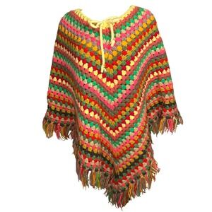 Vintage Crochet Granny Poncho Multicolor Fringe Boho Handmade Cape Wrap rainbow
